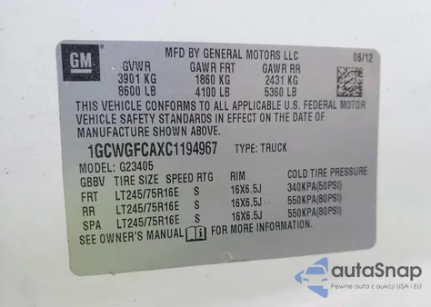 2012 Chevrolet Express 2500 Work Van z USA, uszkodzony, nr VIN 1GCWGFCAXC1194967